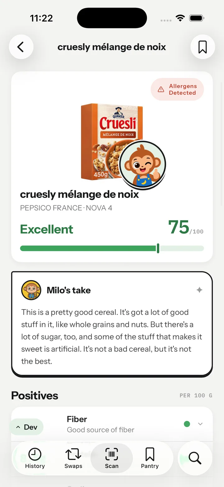 Milo scan result for a muesli showing a score of 75 out of 100, Excellent, with an allergens detected badge and Milo's plain-words take