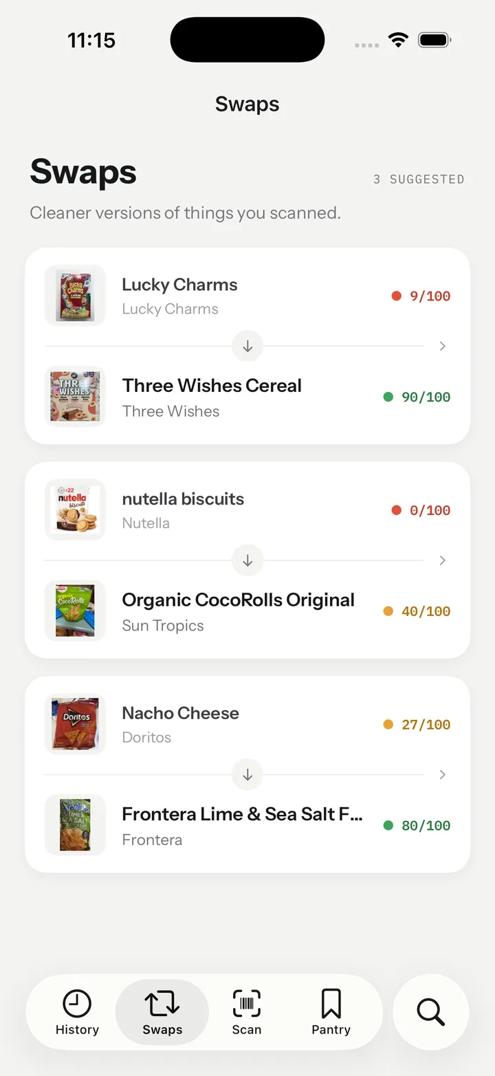 Milo Swaps screen listing three scanned products with a better-scoring alternative under each